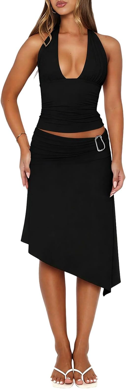 Goafuliy Women's 2 Piece Sets Deep V Neck Halter Top Asymmetrical Midi Skirt Set Summer Going Out Outfits