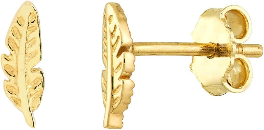 JEWELHEART 14K Solid Yellow Gold Feather Stud Earrings Dainty for Women