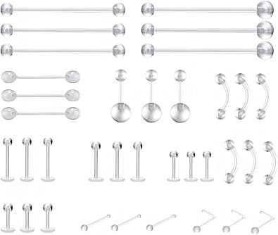 Clear Piercing Retainers for Surgery - Plastic Nipple Rings, Nose Retainer Kit Belly Button Jewelry Bioflex Earrings, Septum, Lip, Tragus, Industrial Bars