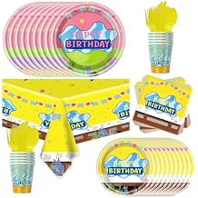 81pcs Yellow Cartoon Party Supplies Tableware Plates Napkins Cups Fork and Tablecloth,Yellow Theme Birthday Party Decoration