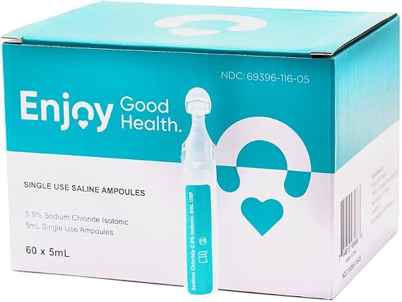 Saline Solution 5ml vials. 60 per Box. Single Use 0.9% Sterile Ampoules