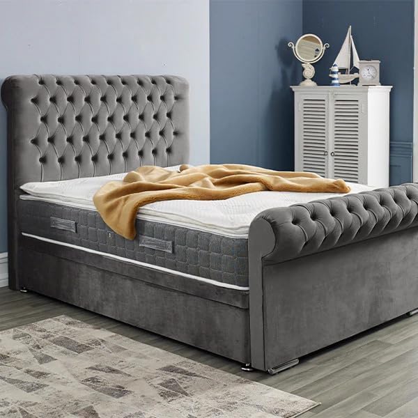 AL SULTAN 5FT King Chesterfield Sleigh Bed Frame With Headboard Upholstered In Plush Velvet Grey Bed Wooden Slats - No Mattress - No Storage (Grey Plush, 5FT King Frame Only)
