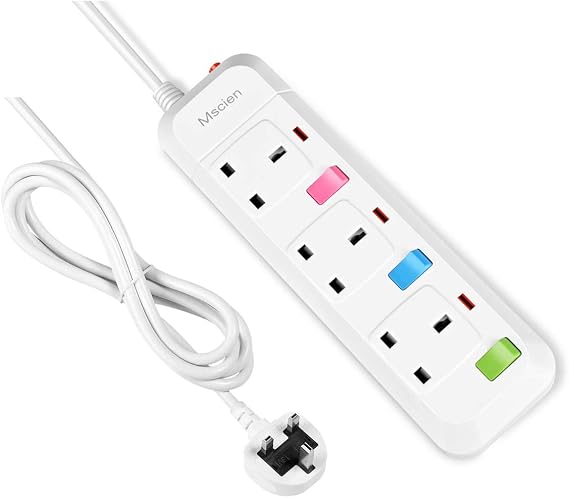 Mscien 5M 3 Way Long Extension lead Individually Switched Mountable Surge Protected Power Strip with 5 Meter Extension Cable-White/Random Switch Color