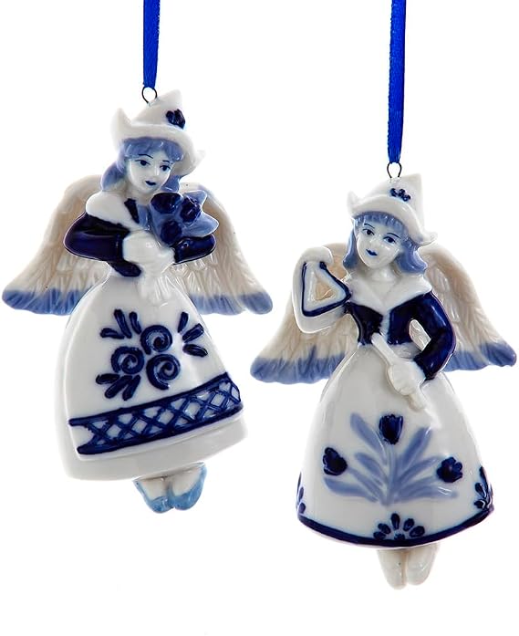 Kurt Adler 4-Inch Blue White Porcelain Angel Ornament 2 Assorted