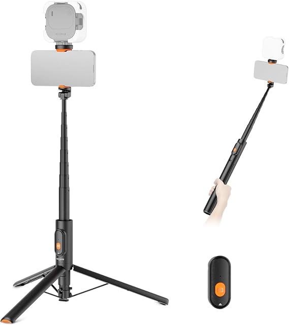 NEEWER 57.9" Selfie Stick Tripod Compatible with iPhone Samsung Android, Metal Portable Lightweight Travel Cell Phone Stand with Phone Holder Mount & Remote for Video Recording Filming, PA992 Black
