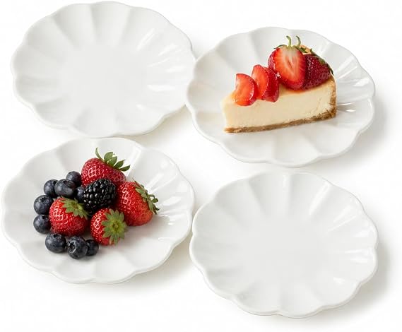 White Small Dessert Plates Set of 4,Ceramic Dinner Plates 6 Inch for Appetizer, Fruits, Cake, Salad,Microwave Safe,Christmas Gift