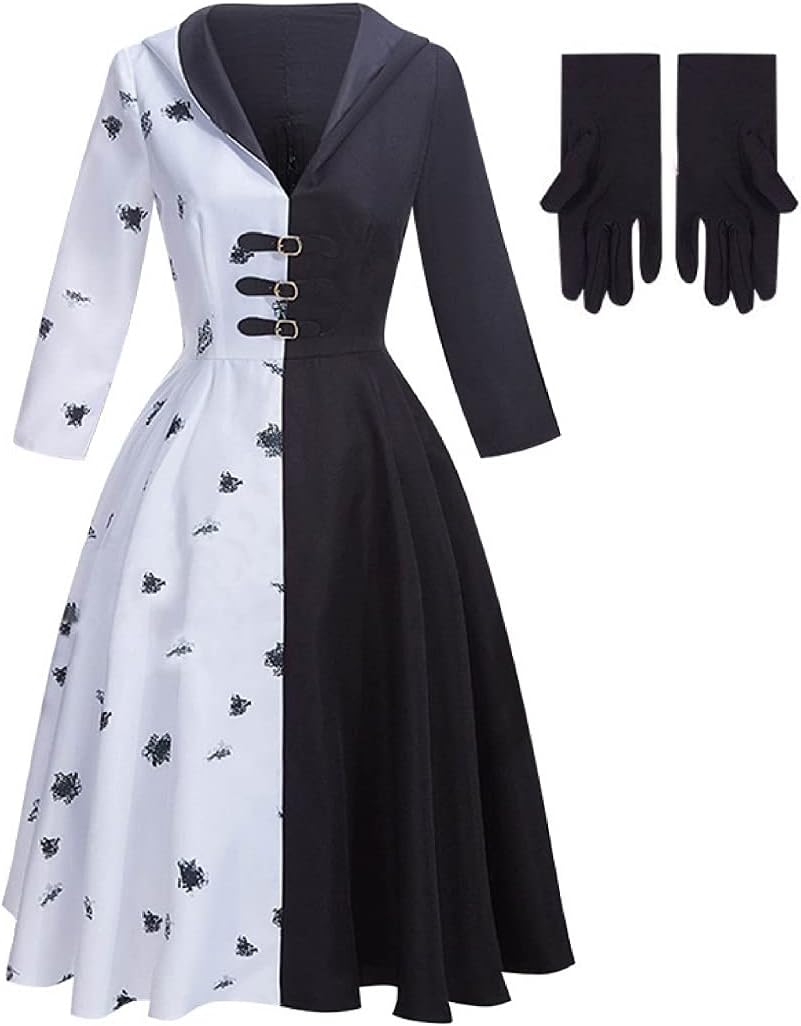 LILLIWEEN Deville Cosplay Costume Black White 2021 Halloween Movie Womens Dress with Gloves