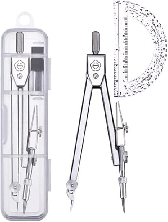 Protractor and Compass Set, Compass Protractor Set, Protractor, Compass for Geometry, Math Compass, Compass School, Math Compass and Protractor, Geometry Tools Set, Geometry Set (Silver)