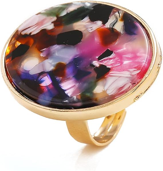 Dtja Boho Big Round Acrylic Statement Ring for Women Vintage Colorful Resin Adjustable Expandable Open Wrap Rings Comfort Fit Wedding Cocktail Party Jewelry, Metal, No Gemstone