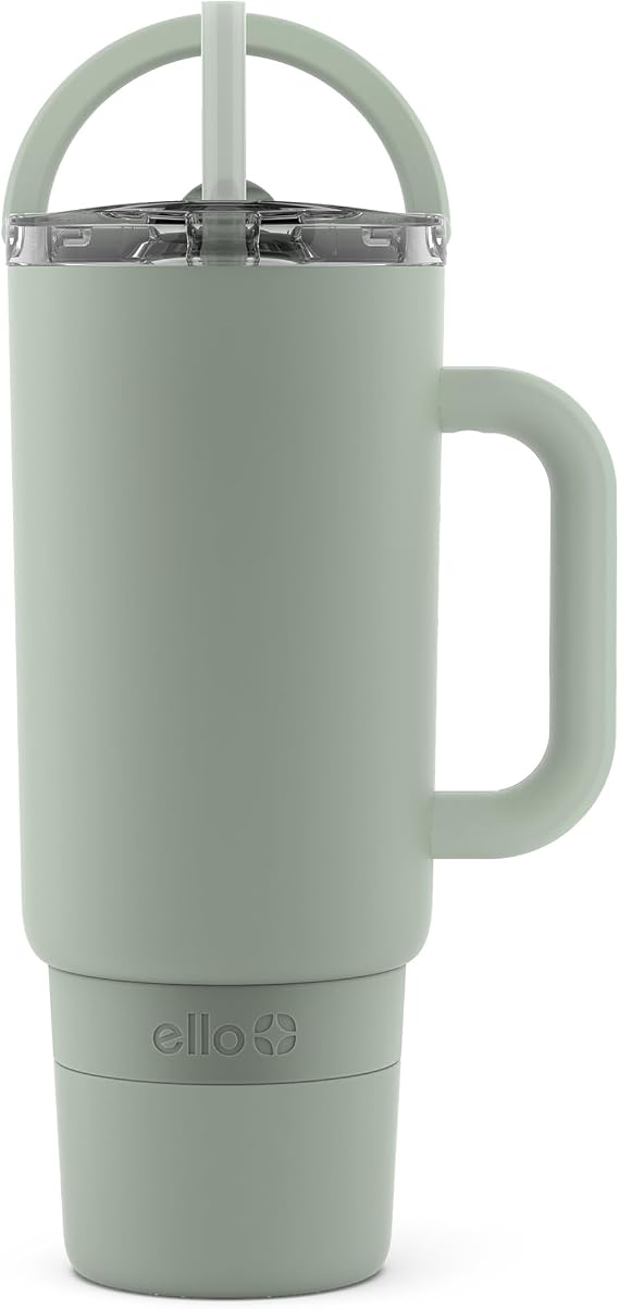 Ello Port 40 oz Tumbler with Carrying Loop & Built in Handle - Reusable Stainless Steel Water Bottle with Leak Proof Lid and Straw - Perfect for Iced Coffee and Tea