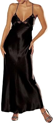Womens Satin Nightgown Dress Silk Lace Halter Backless Long Chemise Lingerie Sleepwear Pajama Gown Nightwear