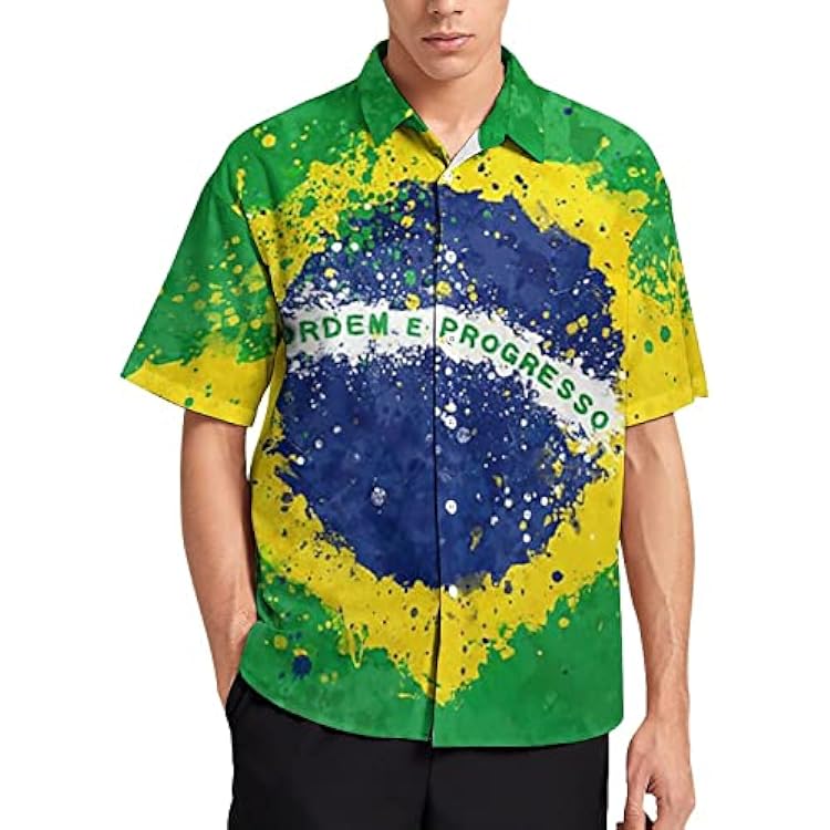 Brazil Flag Button Down Shirts for Men,Fashion Short Sleeve Casual Shirt Slim Fit Beach Summer Shirt XL