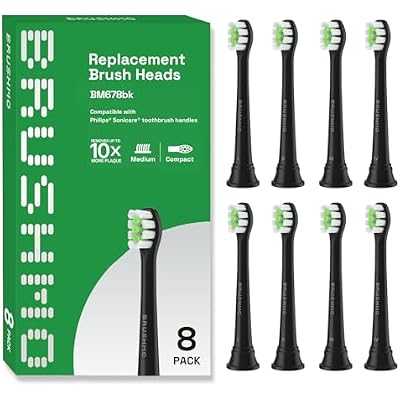 Brushmo Whitening Replacement Toothbrush Heads, Compatible with Philips Sonicare Click-on Electric Toothbrush Handles, 8 Compact Heads, Medium Firm Diamond-Shape Dupont Bristles, BM678bk, Black