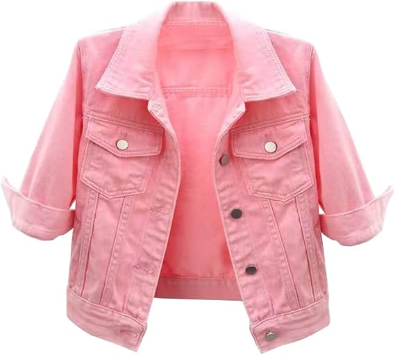 Locachy Womens 3/4 Sleeve Short Denim Jacket Lapel Button Down Cropped Trucker Jean Jackets Coats
