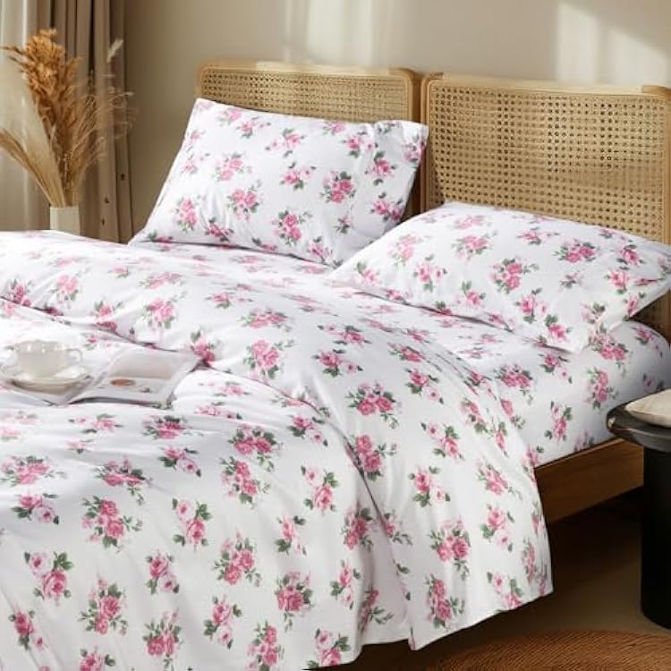 LBRO2M 1000 Thread Count Sheets 100% Egyptian Cotton Bedding Set Floral King Size 16 Inches Deep Pocket Bedding 4 Piece Sets King, Peony