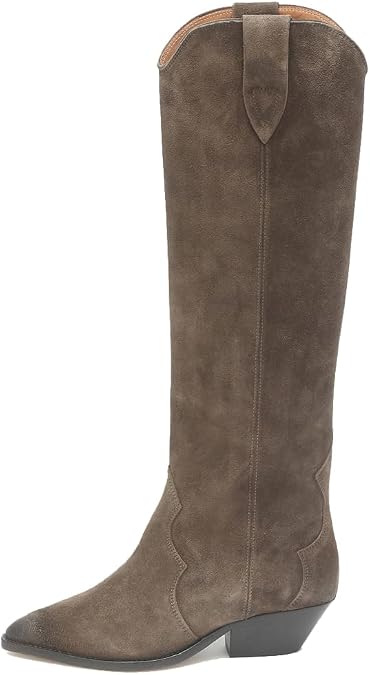 YIYA Women's Western Cowboy Knee High Boots Classic Pointed Toe Chunky Low Heels Cowgirl Pull On Boots