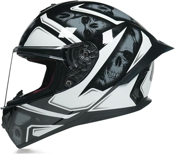 Full Face Motorcycle Helmet DOT Certified, Skull Graphic Design with Quick-Release Visor & Multi-Vent System Black & White with Grey Accents