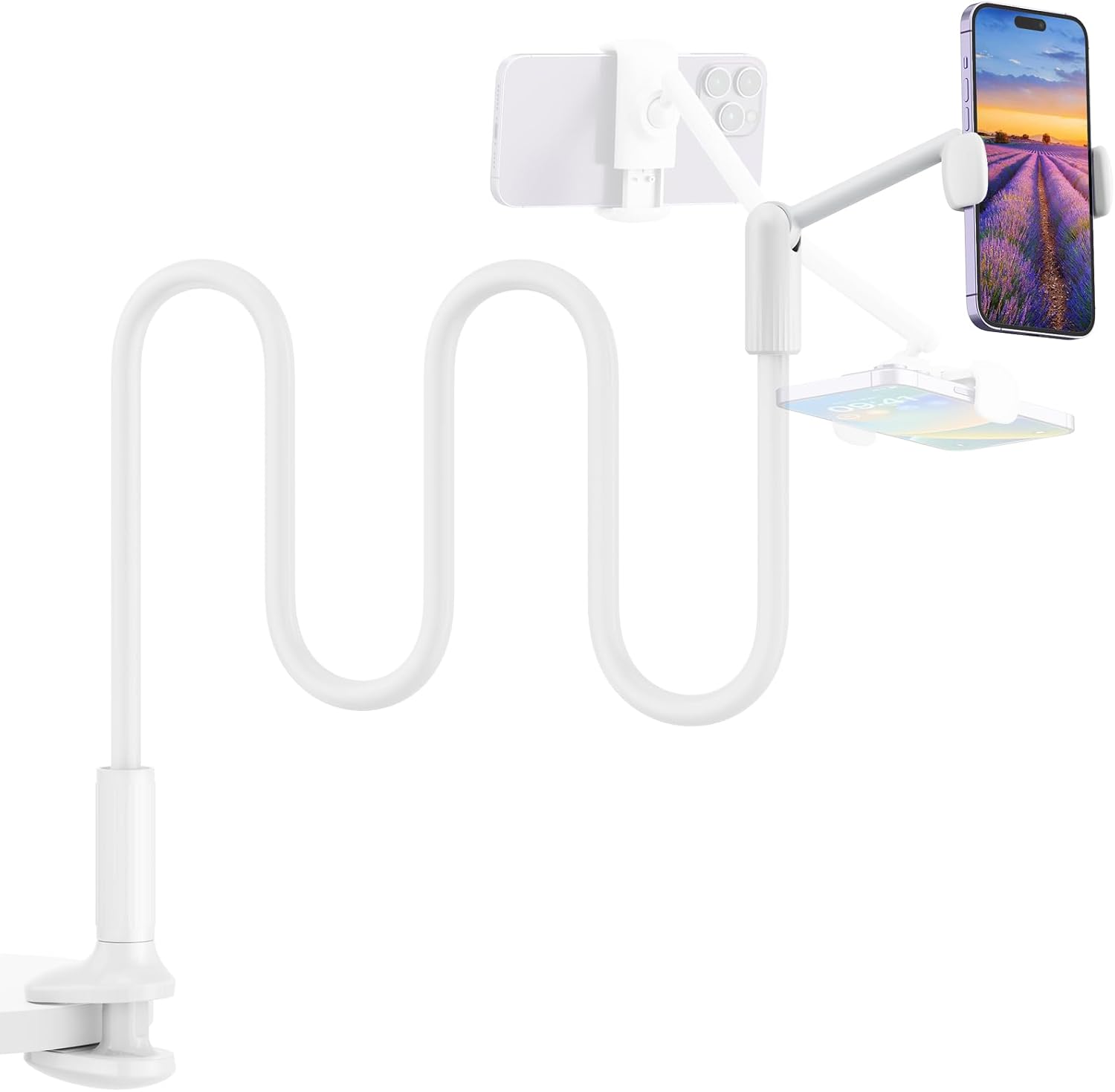 phone Holder for SAIJI Gooseneck Bed, 360° Rotation Support Bar One-Hand Adjustable Cell Phone Stand, Compatible with All 4.7-7 inch Devices White