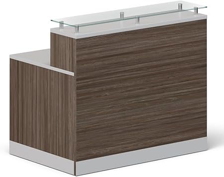 NBF Reception Desk Glass Top Front Counter for Office Lobby Salon Reception Area, 48" W x 32" D, Driftwood, Esquire Collection