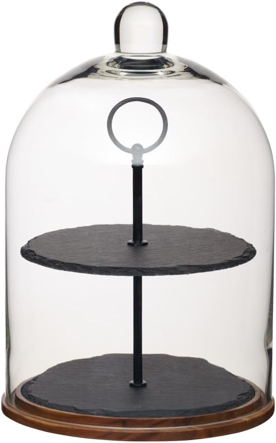 Artesà 2-Tier Serving Stand/Cake Dome, Glass Cloche Food Display Cover / Storage with Tiered Slate Platters and Wooden Base, 22 x 31 cm - Black/Clear Glass/Wood