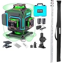 KEZERS Laser Level 360 Self Leveling with 9FT Grade Rod,8ths,3 Section Grade Rod,4x360 Laser Level with Screen Touch,Remote Control