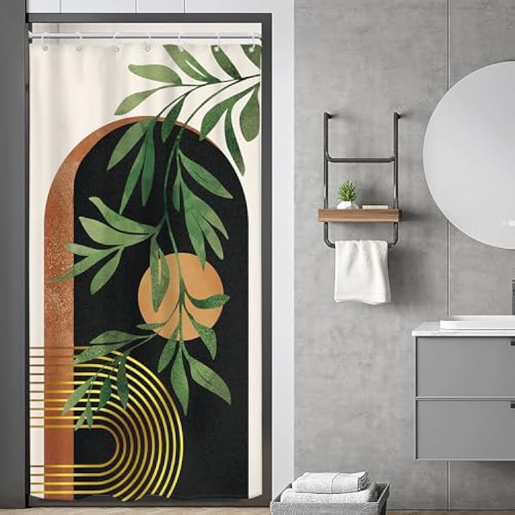 Riyidecor Small Stall RV Boho Black Brown Shower Curtain Narrow Mid Century Abstract Modern Arch Leaves Sun 36Wx72H Inch Geometric Minimalist Fabric Decor Bathroom Polyester Waterproof Hooks