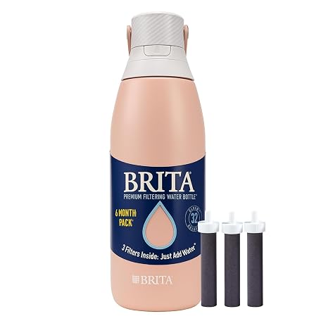 Brita Stainless Steel Premium Filtering Water Bottle, BPA-Free, Reusable, Insulated, Replaces 300 Plastic Water Bottles (32 Ounces with 3 Filters)