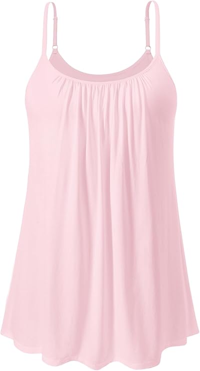 AMVELOP Camisole for Women Built in Bra Casual Pleated Cami Adjustable Spaghetti Strap Tank Top Loose Fit S-XL