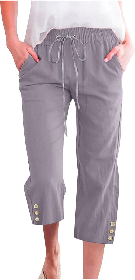 Generic Drawstring Capris for Women Summer Wide Leg Ankle Pants Lightweight Cotton Linen Capri Pants Loose Cropped Trousers