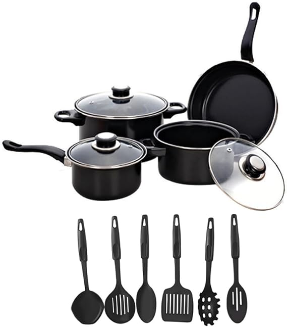 13 Piece Pots and Pans Set Non-Stick Cookware Collection, Multi Kitchenware with Stew Pots, Combination Cooking Pots for All Home Cooking Occasions Black