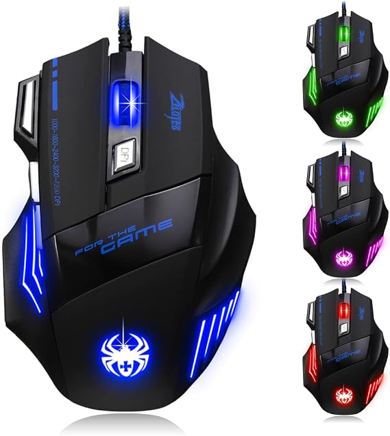 zelotes Wired Gaming Mouse with Fire Button,7200 DPI,7 Buttons,Ergonomic Design,LED Illumination,Corded Optical Mouse Mice for Laptop,PC,Mac,Black