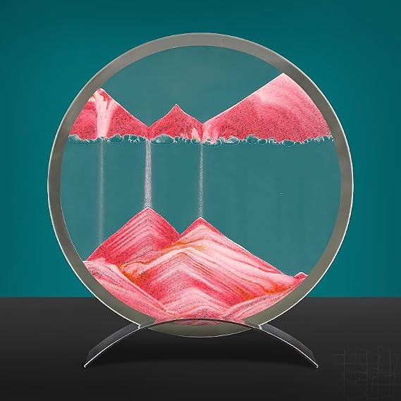 Moving Sand Art Picture, 3D Quicksand Painting Round Glass Moving Sand Art Liquid Motion Deep Sea Flowing Sand Art Steel Frame Desktop Office Decoration (Pink)