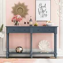 LUMISOL Long Wood Entryway Table with 2 Drawers, Narrow Console Table Sofa Table with Storage Shelf, Antique Navy