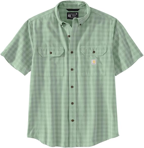 Carhartt Men's Loose Fit Mid Weight Short Sleeve Button Down Plaid Work Shirt Jade Large