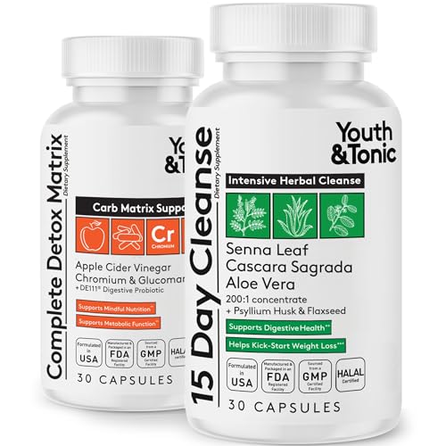 Youth & Tonic 15 Day Cleanse & Carb Matrix Support for Bloating & Metabolism, Intensive Herbal Colon Cleanser & Gut Detox for Digestive Reset with Senna, Glucomannan & Chromium, 60 Pills