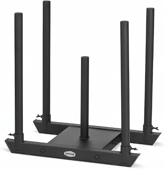 ZIVA Steel Performance Sled, Black, Dual-Sided Push Bars, 2.8L x 1.6W x 3H feet, 57 pounds, Central Loading Post Fits 10 Bumper Plates, for Strength & Conditioning Training