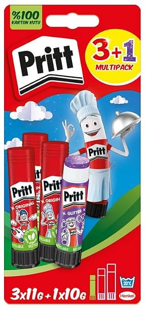 Pritt Stick Yapıştırıcı, 3+1 Simli ve Güvenli El işi Yapıştırıcısı, Hızlı ve Pratik Yapıştıran Okul ve Ofis Malzemesi, 3x11g+1x10g Pritt Stick Yapıştırıcı Pembe