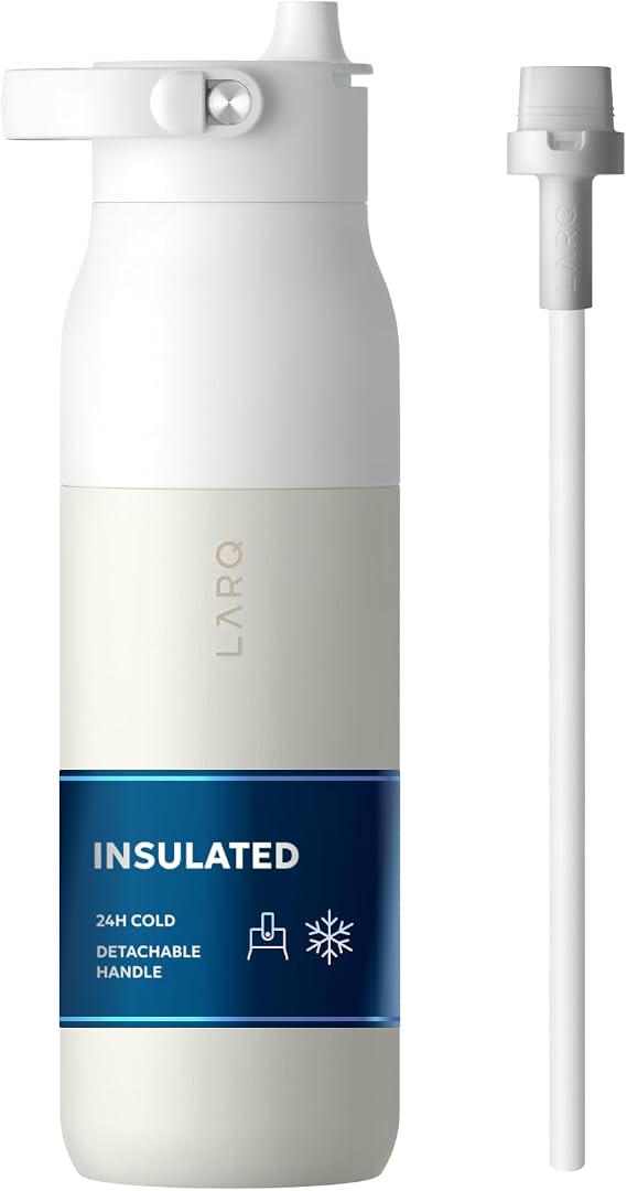 LARQ Swig Top Insulated Stainless Steel Water Bottle with Straw and Handle | Wide mouth, cold 24 hours, BPA free metal water bottles for men and women, for gym, travel, office, sport. 23 oz, G. White