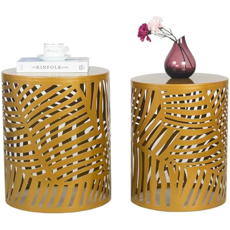 Set of 2 Gold End Tables - Nesting Metal Round Coffee Table, Round Mid Century Nightstands Stools for Living Room Bedroom and Entryway