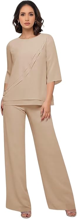 Chiffon Mother of The Bride Pant Suits for Wedding 2 Piece Pant Suit 3/4 Sleeves Formal Wedding Guest Outfits