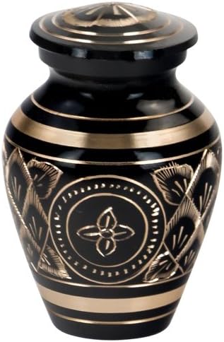 Black Elegance Keepsake Cremation Urn, Brass, Black, Floral Pattern, 3 Inches High