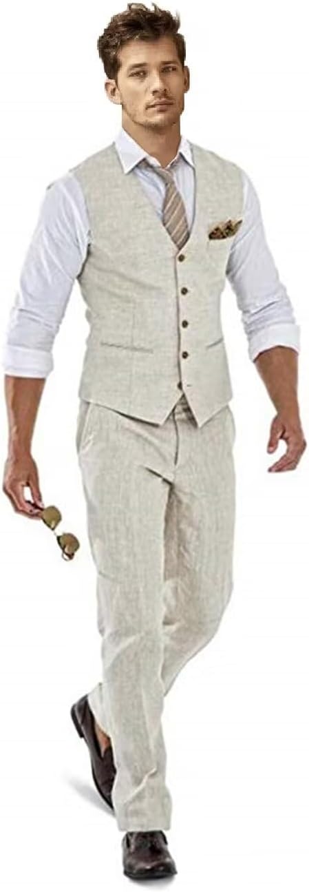 Mens Linen Suit 2 Piece Suits Vest Pants Set, Slim Fit Beach Wedding Prom Party Suit for Men