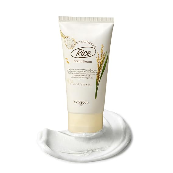 SKINFOOD Rice Daily Scrub Foam, Facial Cleanser with Face Scrub, Face Wash Fermented White Rice Bran Water, Gentle Exfoliating For Men and Women (150ml, 5.07 fl. oz.)