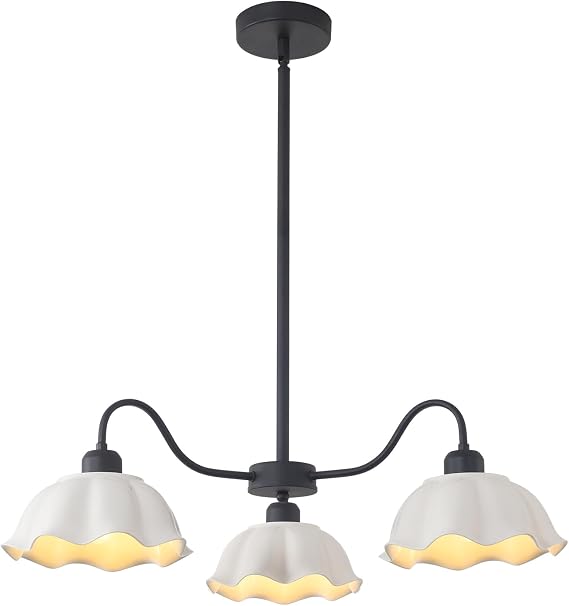 3 Light Mid Century Chandelier Fixture with White Ceramic Shade Contemporary Black Ceiling Pendant Light Semi Flush Mount Chandelier for Kitchens Living Room