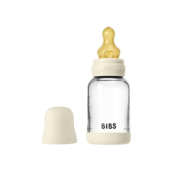 BIBS Glass Baby Bottle, 120 ml, 1-Pack, Natural Rubber Nipple, Ivory