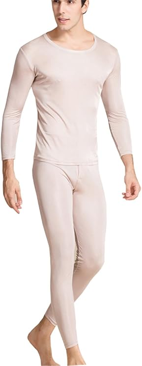 METWAY Silk Long Underwear Men's Mulberry Silk Long Johns Top and Bottom Thermal Underwear Set/Base Layer