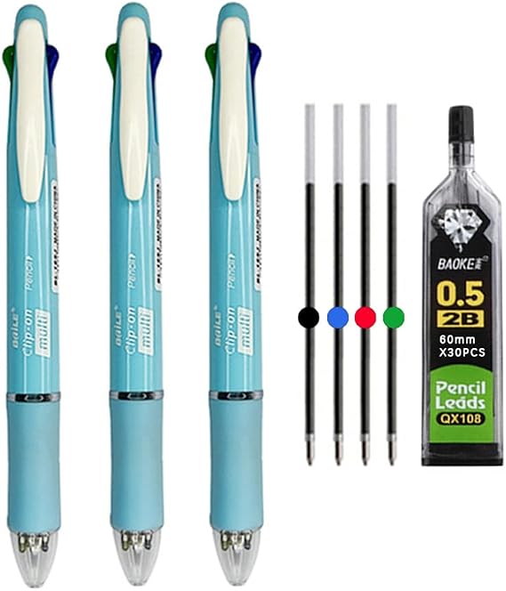 MROOFUL 5 in 1 Medium Point 1.0 mm Multicoloured Ballpoint Pen 0.5 mm Mechanical Pencil 4 Colours Multifunctional Pen Multipack of 3 Retractable Ballpoint Pens (Blue)