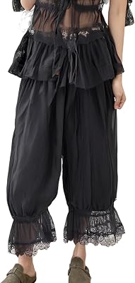 Women Y2k Lace Trim Pants Smocked Elastic Waist Long Bloomers Pant Ruffle Cropped Lounge Pajama Short Pants Slip