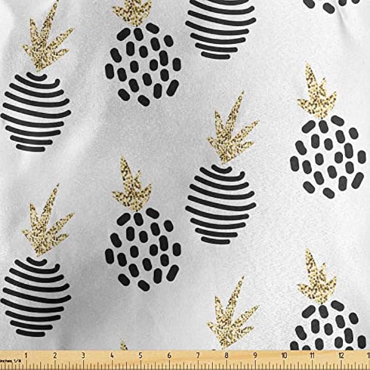 Lunarable Pineapple Fabric by The Yard, Abstract Tropical Hawaiian Fruit Pattern Doodle Style Stripe and Dots, Decorative Satin Fabric for Home Textiles and Crafts, 1 Yard, White Yellow