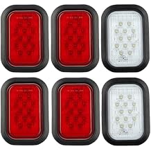 Partswcgg 6Pcs 5"x3" Rectangle LED Stop/Turn/Tail/Brake & Backup Reverse Truck Trailer Tail Hitch Flatbed Lights 12 LED w/Grommets & 3 Prong Wire Pigtail Plug Kit IP67 Waterproof (4xRed+2xWhite)